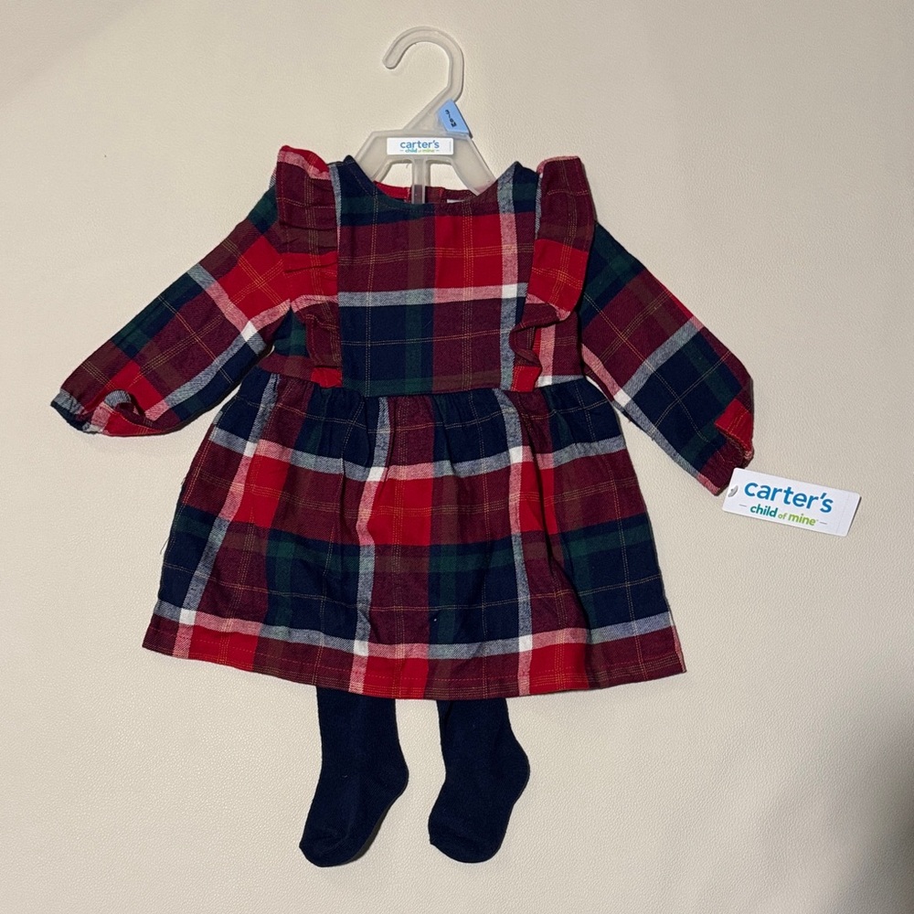 Carter's Red and Green Plaid Dress with Navy Tights